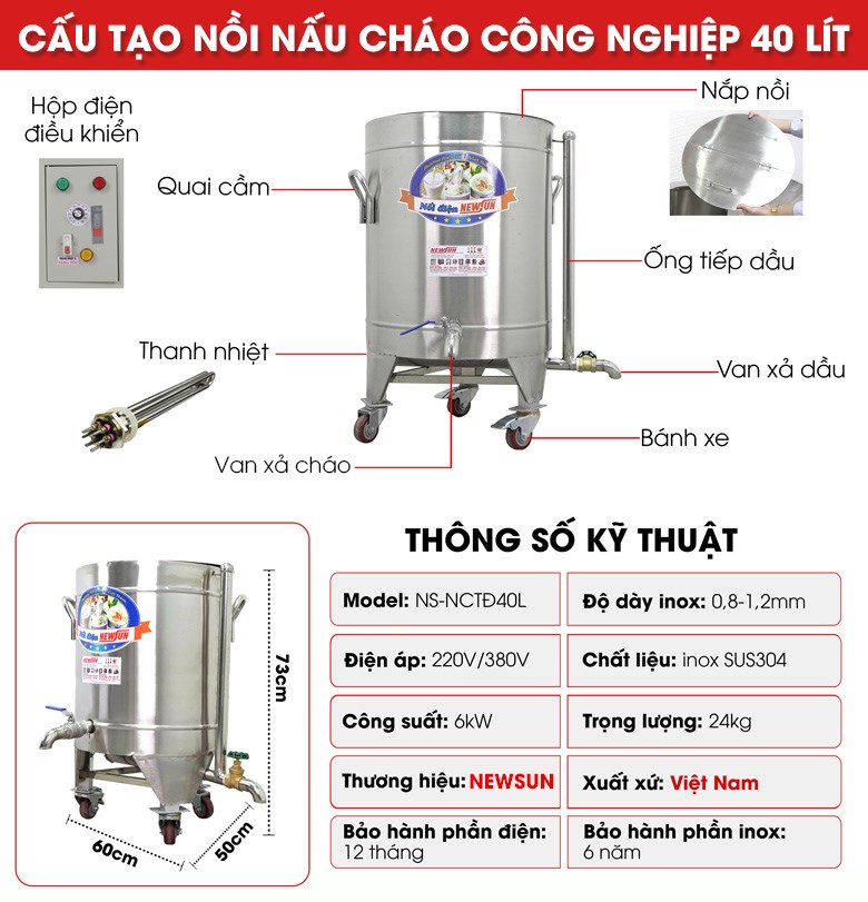 Nồi điện nấu cháo công nghiệp 40l NCTĐ40L Cấu tạo nồi nấu cháo công nghiệp 40 lít
