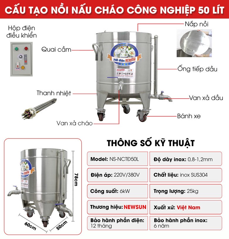 Nồi cháo điện công nghiệp 50l NCTĐ50L Cấu tạo nồi nâu cháo công nghiệp 50 lít
