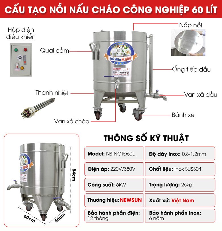 Nồi hầm cháo công nghiệp 60l NCTĐ60L Cấu tạo nồi nấu cháo công nghiệp 60 lít