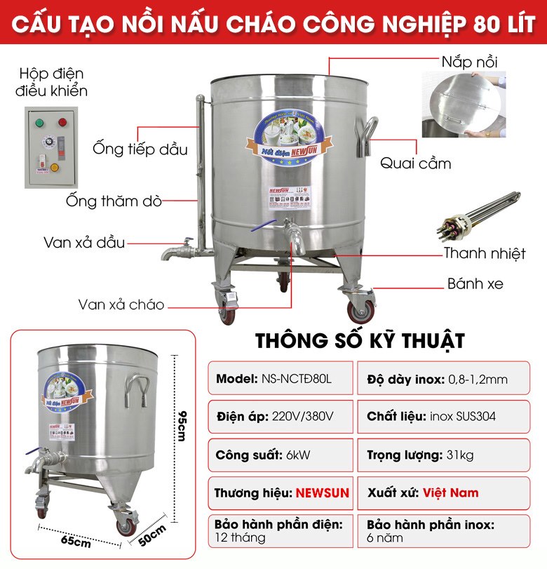 Cấu tạo nồi nấu cháo công nghiệp 80 lít