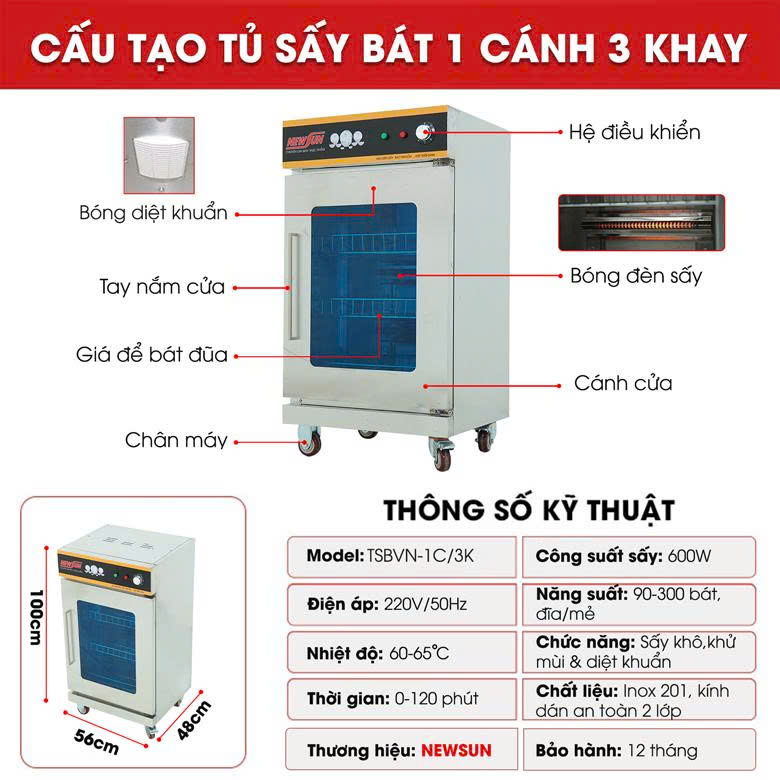 Tủ sấy bát công nghiệp TSBVN1C3K Cấu tạo tủ sấy bát công nghiệp TSBVN1C3K