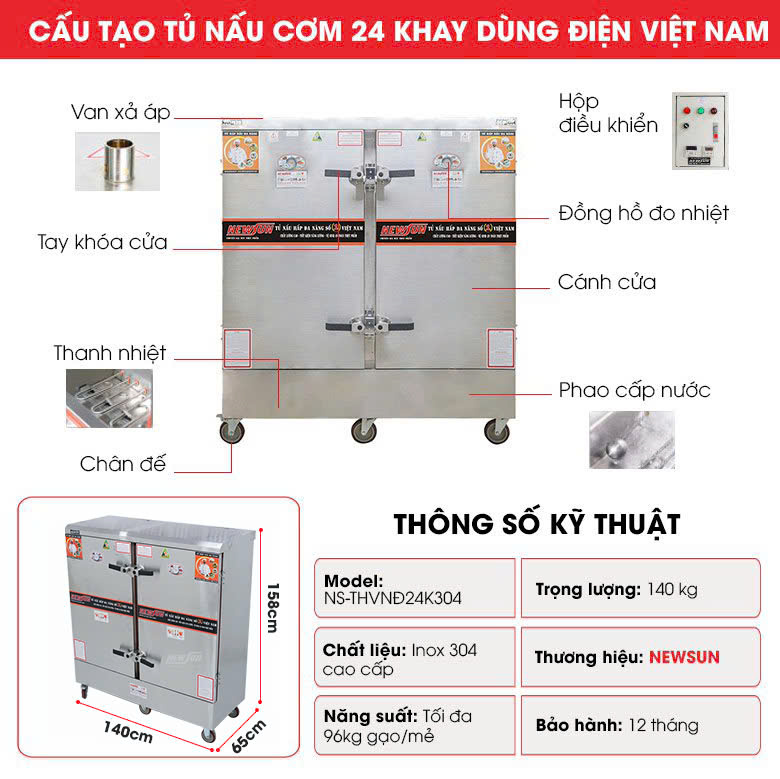 Tủ cơm điện 24 khay THVNĐ24K304 Cấu tạo tủ cơm điện 24 khay