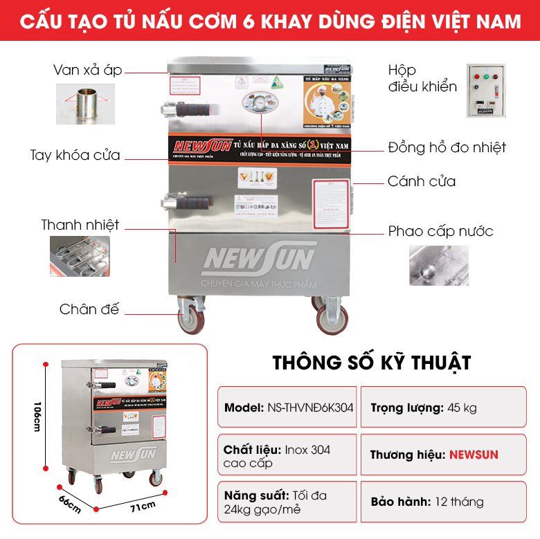 Tủ hấp giò chả 6 khay THVNĐ6K304 cấu tạo tủ hấp giò chả 6 khay THVNĐ6K304