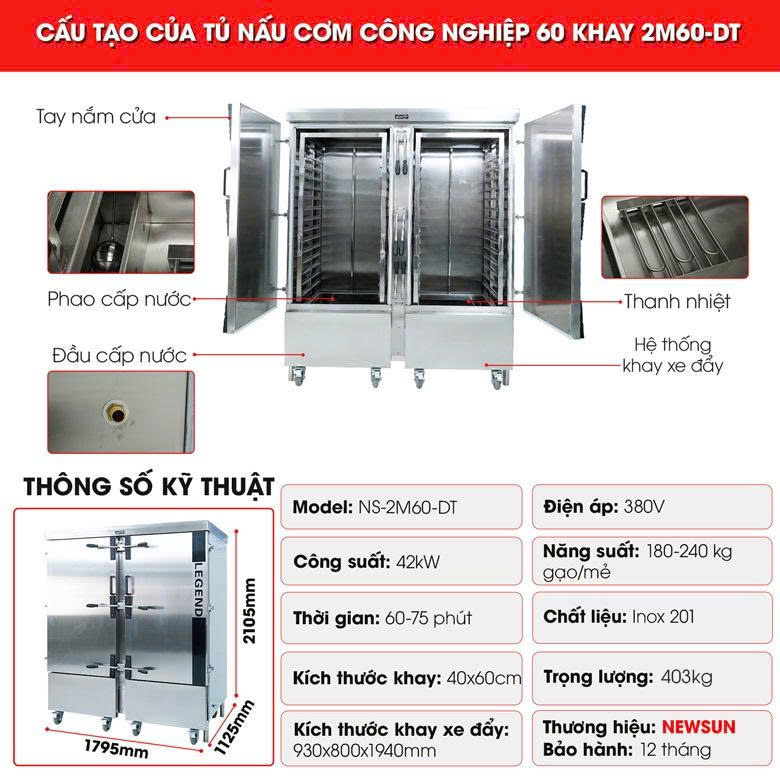 Tủ nấu cơm công nghiệp 60 khay 2M60-DT Cấu tạo của tủ nấu cơm công nghiệp 60 khay 2M60-DT