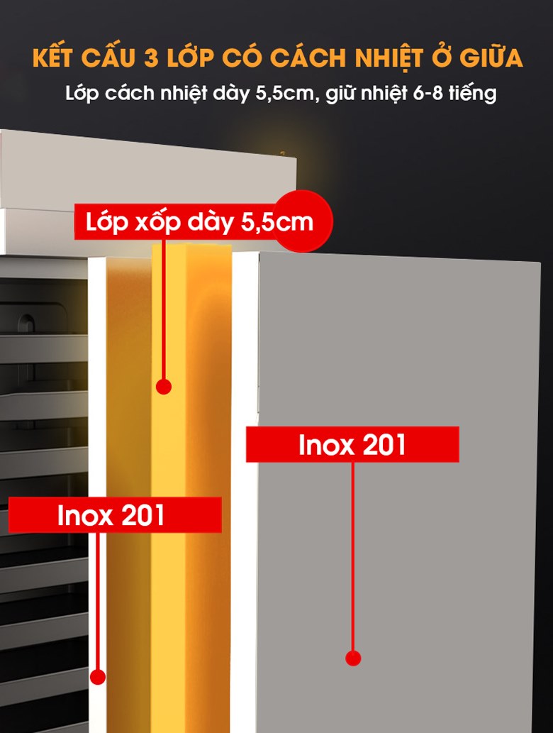 Tủ nấu cơm công nghiệp 60 khay 2M60-DT Kết cấu 3 lớp giữ nhiệt tốt