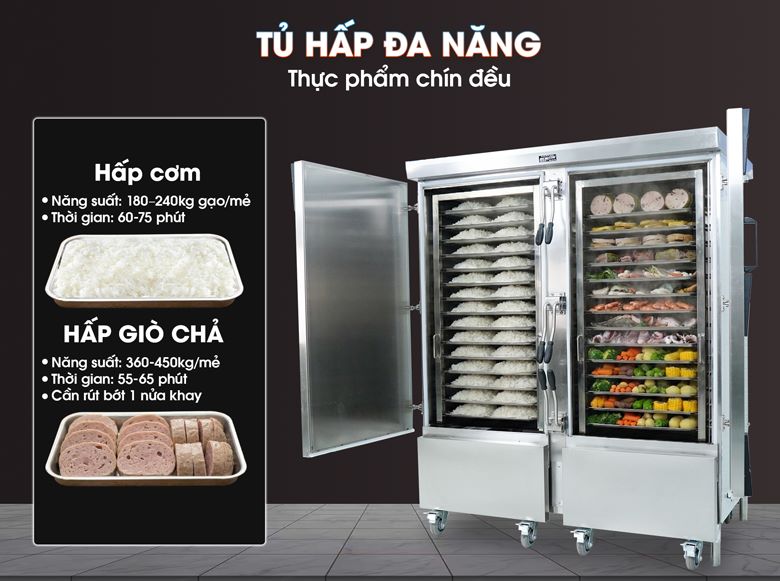 Tủ nấu cơm công nghiệp 60 khay 2M60-DT Tủ hấp đa năng nhiều loại thực phẩm
